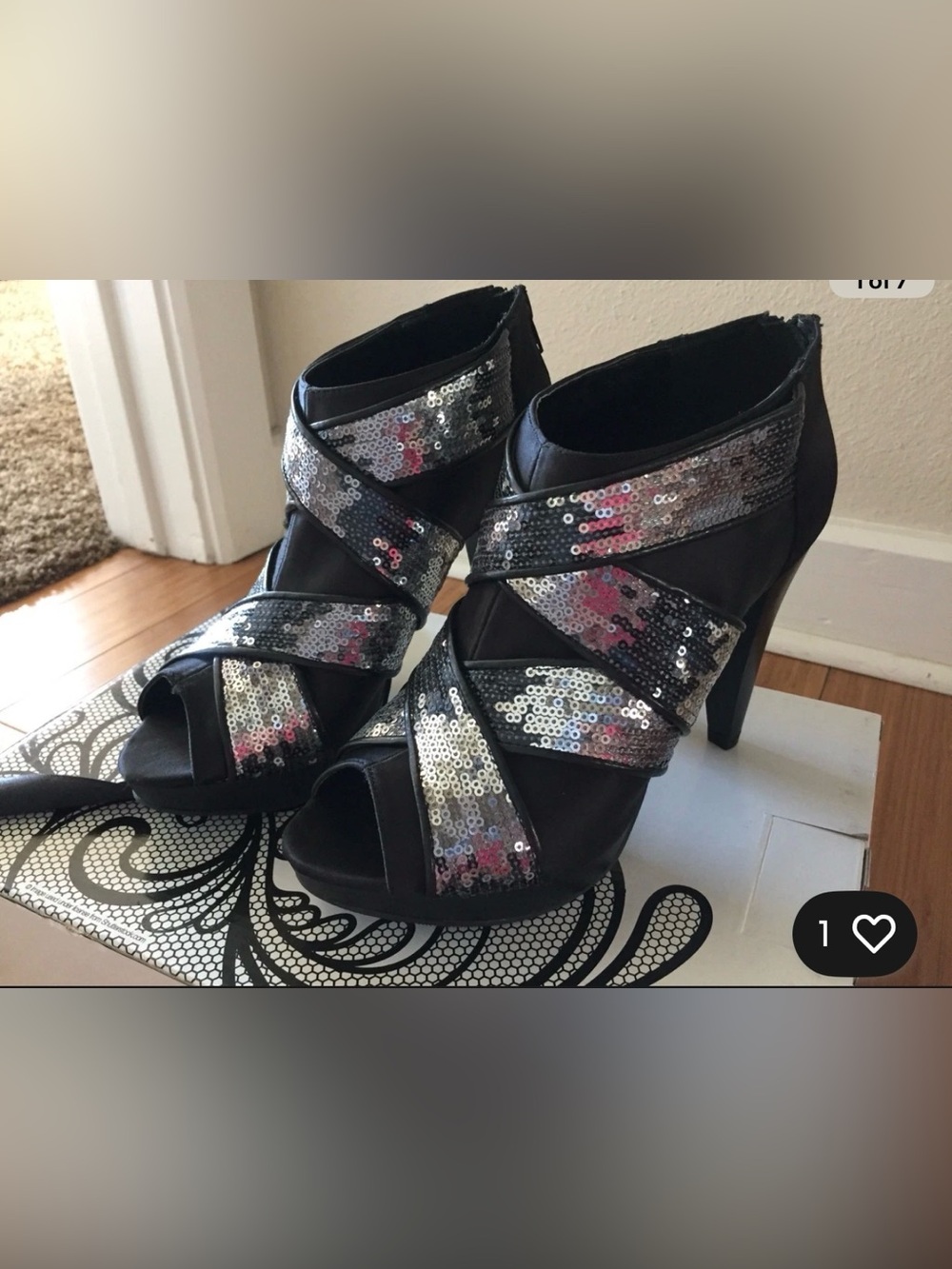 NIB BKE Black Sequin Strappy Peep-Toe Ankle Heels - Picture 2 of 6